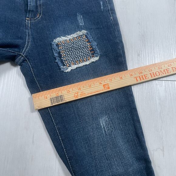 Vintage Bebe Y2k Low Rise Size 31 Flare Jeans Patchwork Rhinestone Distressed - Picture 15 of 16